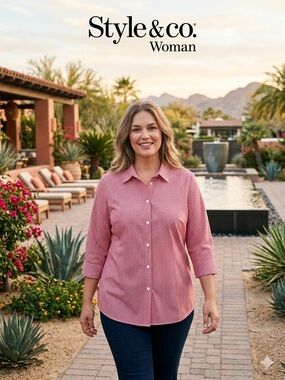 Style & Co. Woman Red Gingham Button-Down Shirt
